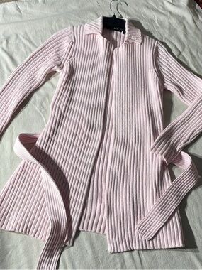 Express Pale Pink Ribbed Longline Cardigan with Tie